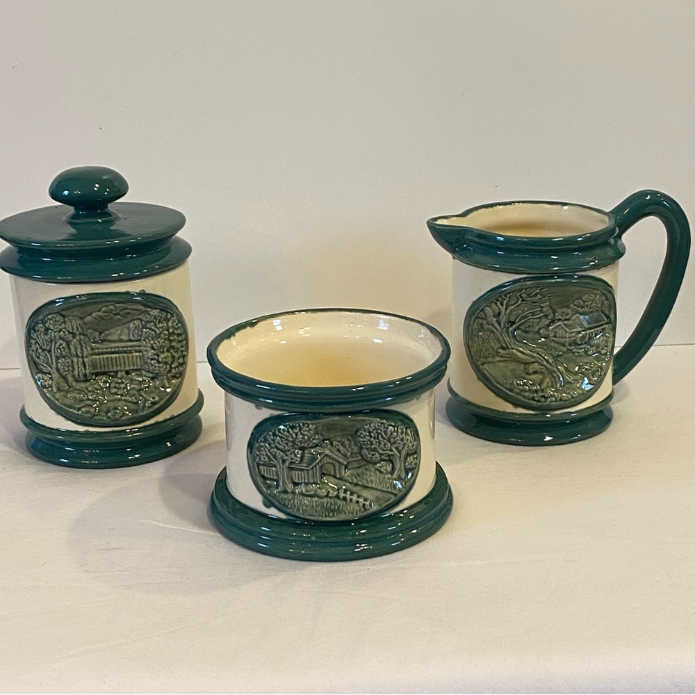 Vintage Hersey 1981 3pc Green White Glazed Ceramic Handcrafted Creamer Sugar Set - Picture 2 of 16